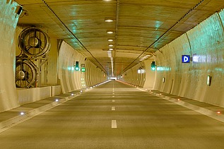 Bright view of the Bosruck tunnel with ventilation and lighting 