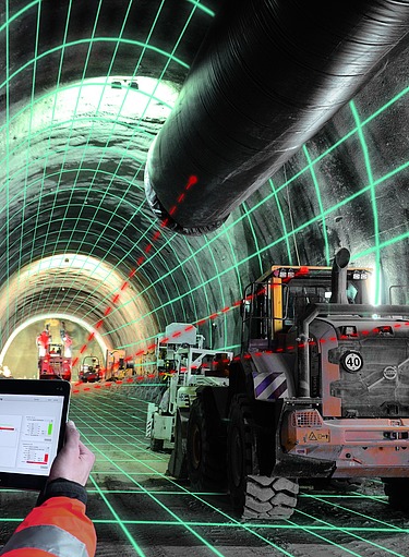 Graphic representation of a tunnel construction site that can be controlled using a tablet 