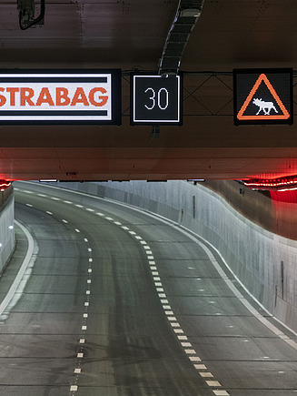 Image of a tunnel with STRABAG logo and elk warning on the traffic signs