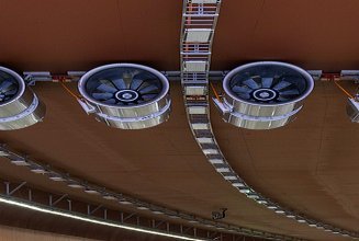 Image of four high-performance fans installed on a tunnel ceiling
