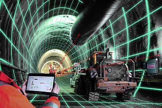 Graphic representation of a tunnel construction site that can be controlled using a tablet 