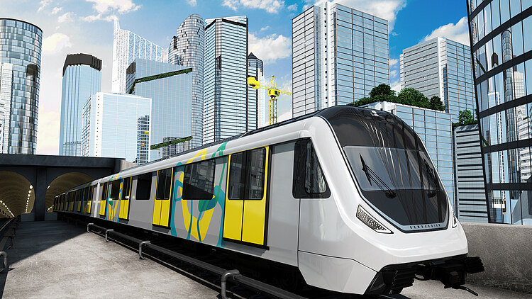 The picture shows a subway train of the Uttar Pradesh Metro Rail Corporation